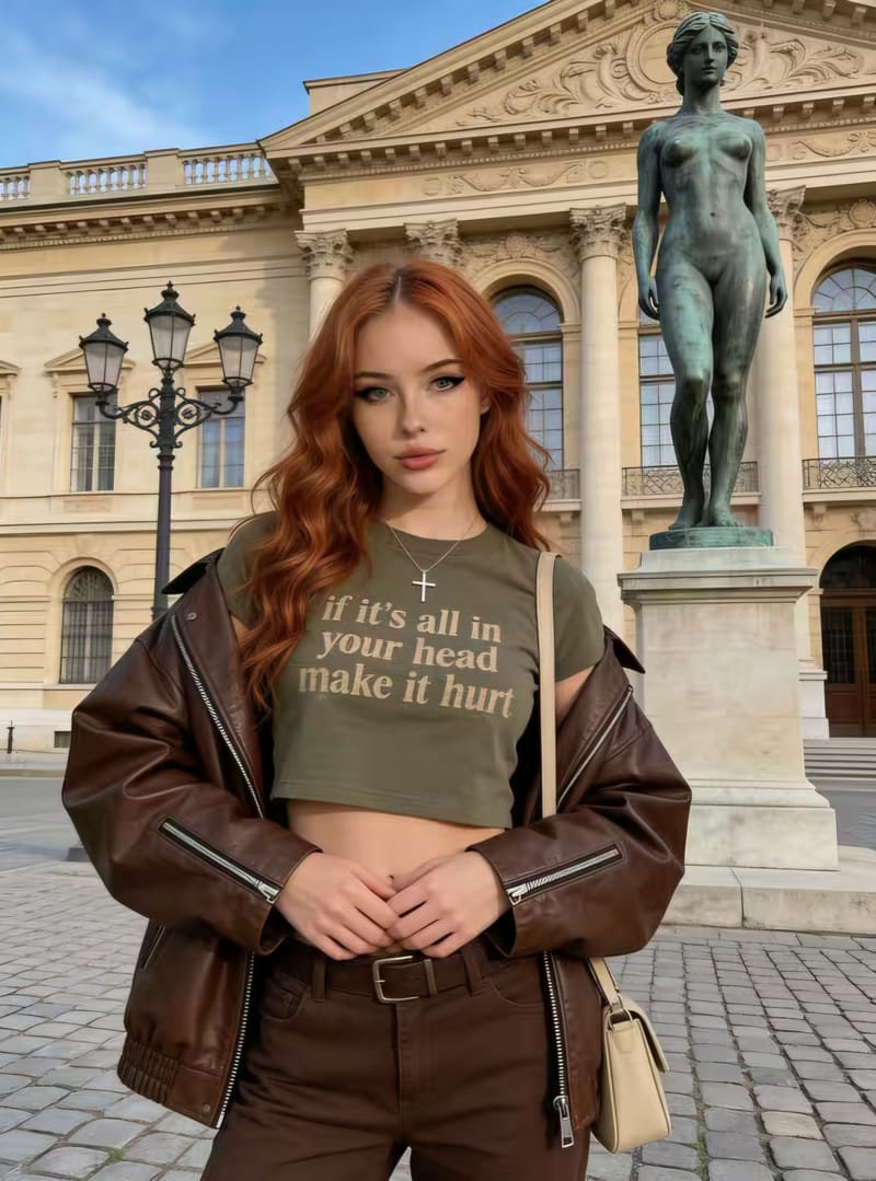 AI-generated adult redhead in a leather jacket outside a classical building